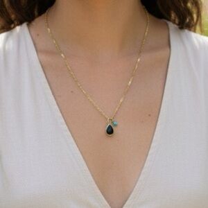 🌟 Chic Gold Plated Paperclip Chain Necklace with Black Spinel & Turquoise 🌟